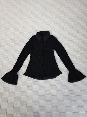 Sheer Pleated Button Up With Bell Sleeves Black Size Medium NWOT
